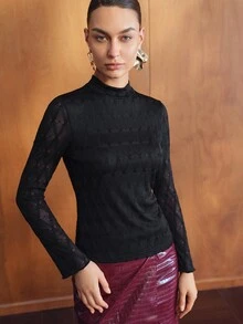 MOTF PREMIUM WOMEN'S ELEGANT LACE STAND COLLAR SLIM FIT T-SHIRT - Black - View 4