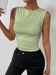 Allurite Women's Solid Color Round Neck Ruched Fitted Casual Versatile Tank Top - Green - View 6