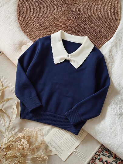 SHEIN Playful Pals Áo len chui đầu dệt jacquard họa tiết gấu nơ dễ thương cho bé gái, trang trí hoa 3D thủ công, ấm áp và thoải mái cho mùa thu/đông, phù hợp mặc hàng ngày