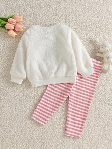 SHEIN Vintaside Kids 2pcs Baju Legging Pullover Bayi Perempuan Lucu Manis Putih Pink Bordir Kelinci Bergaris Lengan Panjang Leher Bulat Mewah Pesta Musim Dingin Natal Putri Bergaris - Berwarna merah muda - View 3