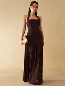Silquee Spring/Summer Women's New Halter Neck Woven Sleeveless Mesh Hem Black Extra Long Dress, Fashion Casual Romantic - Coffee Brown - View 4
