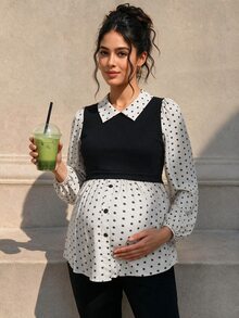 Momance Maternity Polka Dot Patchwork Top, Comfortable Loose Fit - Apricot - View 5