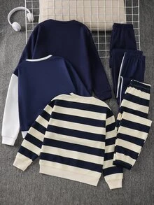 SHEIN 3套買2送1兒童青少年男孩休閒運動軟布料連帽衛衣與運動長褲套裝，海軍藍連帽衫、黑色連帽衫、白色連帽衫，基礎上衣，適合秋冬、學校、家庭聚會，秋季穿搭，冬季穿搭 - 彩色 - 查看 4