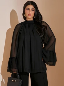 SHEIN BAE CURVE 大尺碼女款棕色長袖V領蕾絲飾邊上衣，喇叭袖上衣，優雅性感，適合約會、通勤、生日派對、外出 - 黑色 - 查看 2