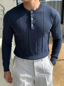 DAZY 男士春秋款海軍藍圓領半鈕扣修身針織毛衣 - 藏蓝色 - 查看 4