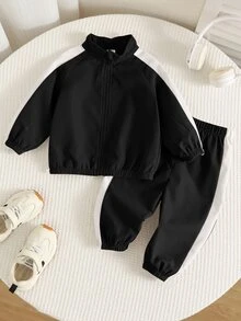 SHEIN 中性嬰兒男/女童、幼兒 2件組秋冬休閒時尚拼色拼接立領運動衫套裝、夾克套裝、嬰兒運動服、嬰兒冬季衣物 - 黑色 - 查看 7