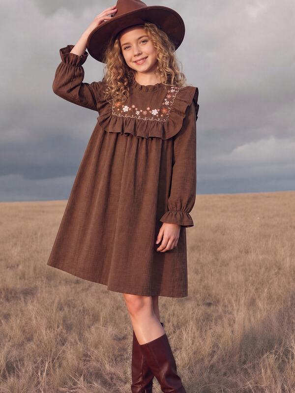 Sparklyn Tween Girls' Brown Gentle Style Minimalist Floral Print Long Sleeve Pullover Dress, Loose Fit, Elegant And Graceful, Suitable For Outings, Shopping, Casual Leisure, Campus Activities And Parties, Spring/Autumn
