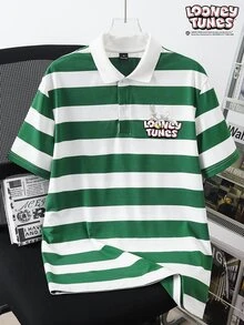 LOONEY TUNES X SHEIN Manfinity Joysei قميص بولو رجالي كاجوال متعدد الاستخدامات بطبعة حروف وخطوط كرتونية - أخضر - مشاهدة 6