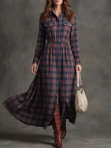 Solivie 女款秋季長洋裝，彩色格紋，適合日常辦公穿著 - 彩色 - 查看 5
