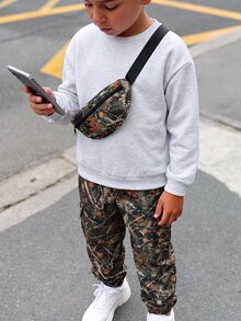 SHEIN 3件組兒童青少年男孩休閒日常百搭舒適迷彩印花圓領套頭寬鬆衛衣、鬆緊束口寬鬆運動長褲、針織加厚保暖內裡衛衣套裝 - 淺灰色 - 查看 4