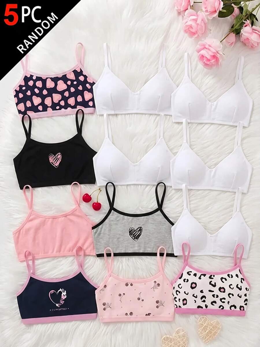 SHEIN Kids Teen Girls White 5pcs Multi-Piece Set Simple V-Neck Camisole, Padded Bra And Racerback Underwear Set, Comfortable Solid Color, Spring & Summer, Home, Clean Girl/American , Young Girls - Multicolor - View 1