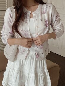 DAZY Women's Soft Single-Breasted Floral Print Knitted Cardigan Fall - White - View 4
