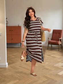 Elaquor Casual Pattern Plus Size Round Neck Short Sleeve Dress, Suitable For Spring And Summer - Multicolor - View 3