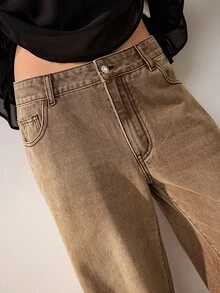 Willow Rêve Women's Brown Mid-Waist Straight Wide Leg Pants, Vintage Streetwear Washed Fluid Silhouette, Solid Color Western Casual Bohemian Style, Going Out Fall - Khaki - View 7