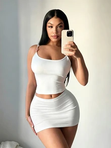SHEIN SXY 女款白色性感基本款休閒迷你緊身裙，內建內搭褲，適合海灘、俱樂部、夜店，秋季穿著 - 白色 - 查看 5