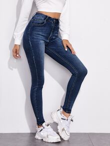 SHEIN Essnce 休閒水洗修身牛仔褲 - 深色水洗藍 - 查看 3