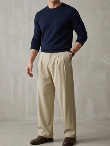 DAZY Spring/Autumn Commute Light Khaki Semi-Elastic Waist Slightly Loose Straight Leg Men's Pants - Khaki - View 3