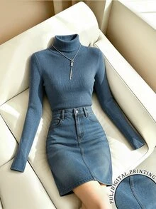 SHEIN Franclia Women's Long Sleeve Versatile Top And Denim Effect Print Mini Skirt 2 Pieces Set - Blue - View 1