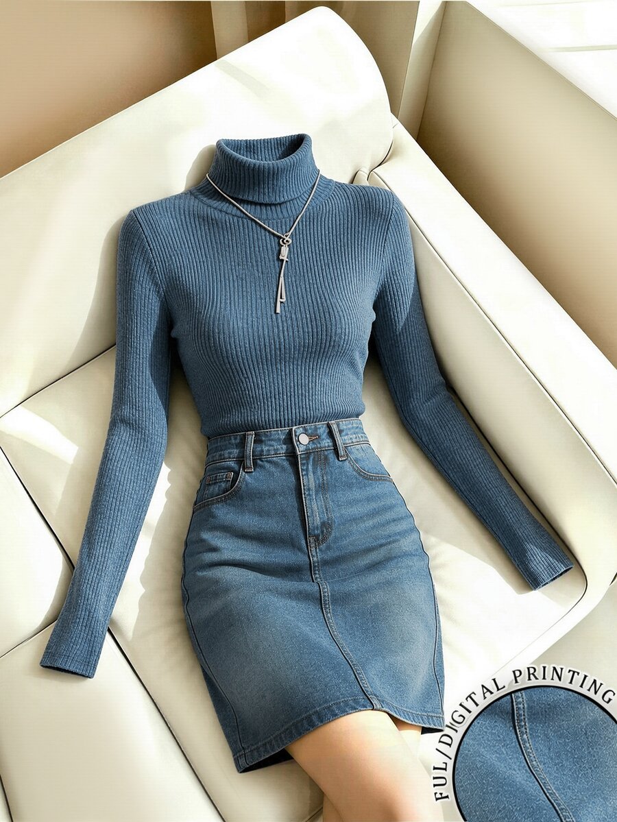 SHEIN Franclia Women's Long Sleeve Versatile Top And Denim Effect Print Mini Skirt 2 Pieces Set - Blue - View 1