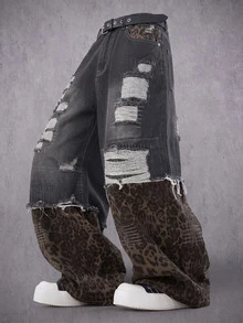 Manfinity Denimwave 男士寬鬆直筒牛仔褲，附口袋，做舊拼接與豹紋設計 - 灰色 - 查看 1
