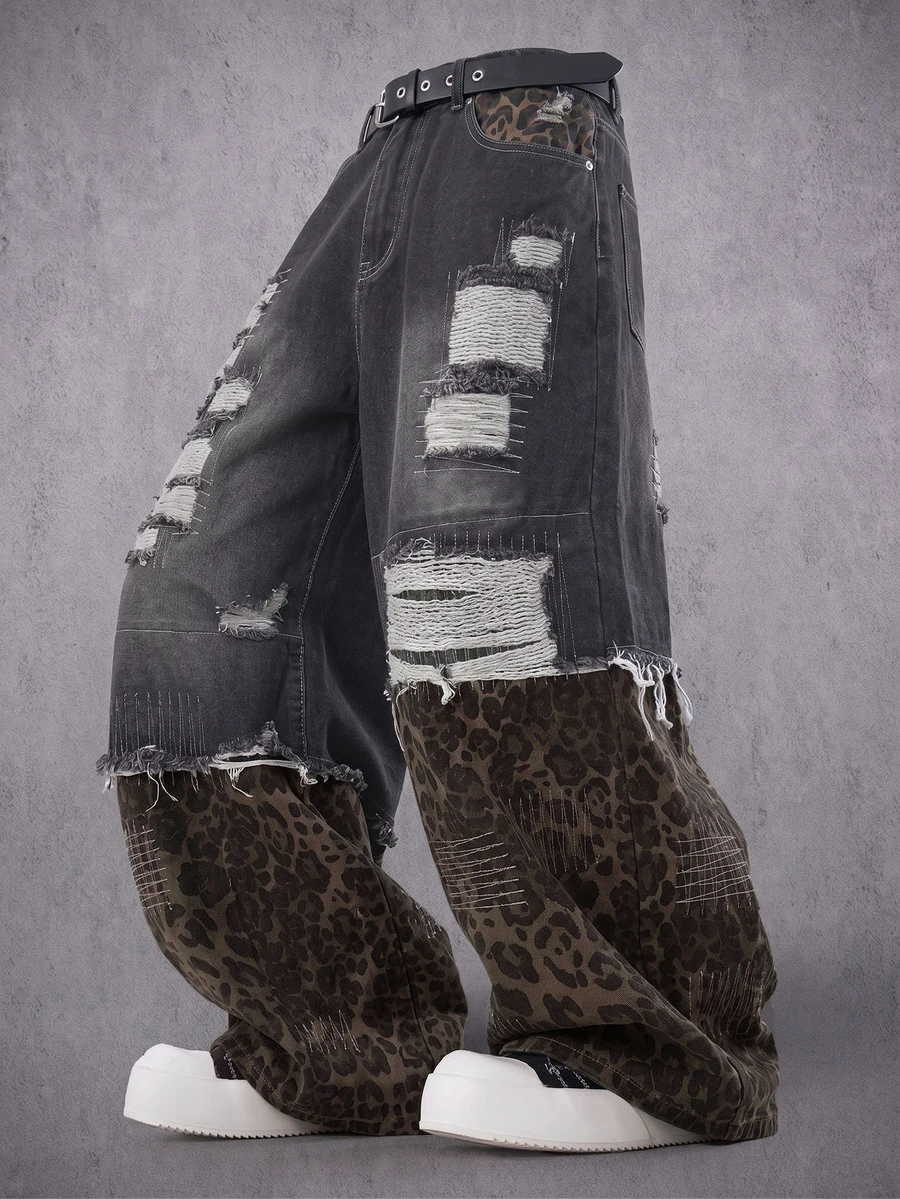 Manfinity Denimwave 男士寬鬆直筒牛仔褲,附口袋,做舊拼接與豹紋設計 - 灰色 - 查看 1
