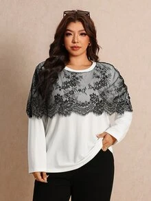 Elaquor Kaos Kasual Lengan Panjang Leher Bulat Berenda Kontras Ukuran Besar untuk Wanita, Kaos Kantor Elegan Berenda untuk Wanita, Kaos Kasual Sehari-hari untuk Bepergian. - Hitam dan Putih - View 5