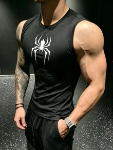 GymBeat 男士蜘蛛圖案休閒日常運動背心健身上衣 - 黑色 - 查看 4