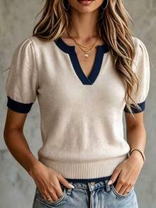 SHEIN Casual Loose V-Neck Short Sleeve Knit Top With Contrast Trim Design, Khaki Color, Women's Spring/Summer - Navy Blue - View 2