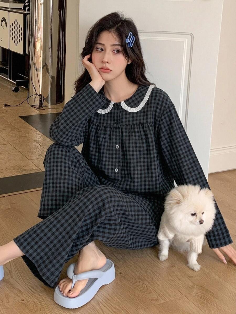 DAZY 2pcs Plaid Embroidered Pattern Pajama Set Fall - Navy Blue - View 1
