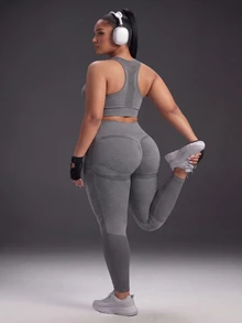Powerista Women's Plus Size Summer&Spring Seamless Gray Color Textured Crop Top And Leggings Gym Set Perfect For Various Workouts Active Wear - Dark Grey - View 8