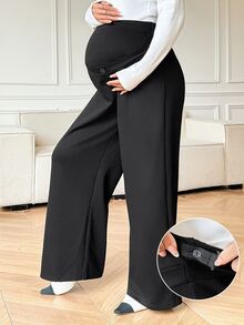 Dazy Maternity Maternity Solid Color Adjustable Waist Casual Wide Leg Pants For Daily Wear - Black - View 3