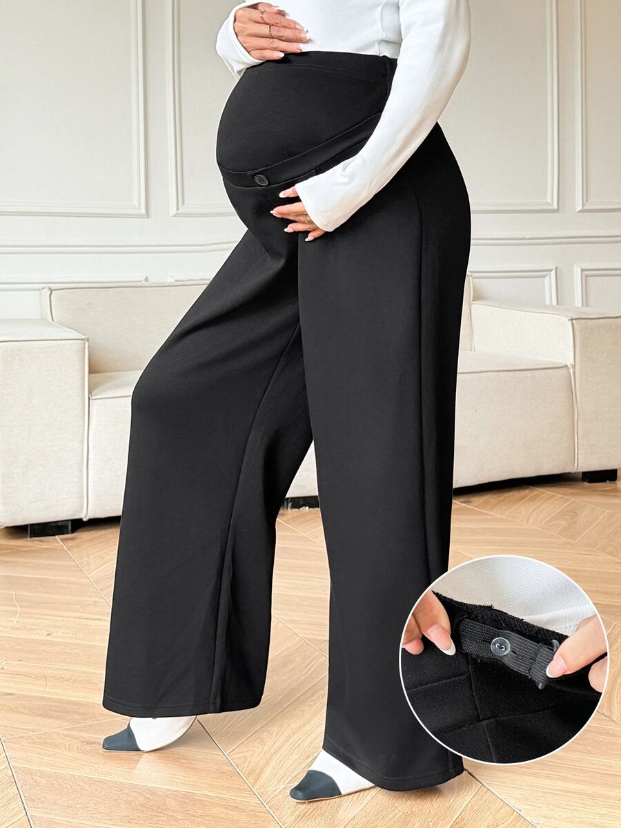 Dazy Maternity 孕婦純色可調腰寬腿休閒長褲,適合日常穿著 - 黑色 - 查看 1
