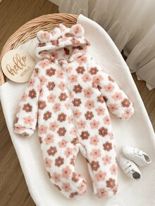 SHEIN LMoss Kids 新生女嬰可愛秋冬款毛茸茸花卉圖案長袖連帽連身衣 - 米色 - 查看 3
