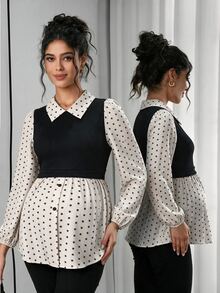 Momance Maternity Polka Dot Patchwork Top, Comfortable Loose Fit - Apricot - View 7