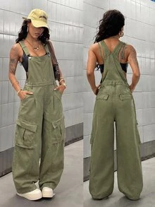 StreetHx 女款軍綠色多口袋牛仔工裝背心褲與連身褲 - 軍綠色 - 查看 1