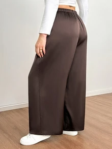 Shapeblank Plus-Size Women's Spring And Autumn Fashionable Casual Loose Comfortable Brown Satin Elastic Waist Wide-Leg Pants,Fall Outfits,Simple Style - Brown - View 4