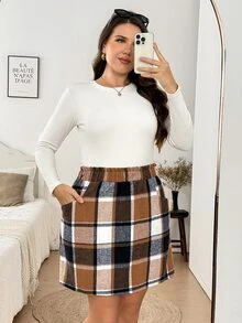 Easowa Curve Plus Size Women's Plaid Skirt With Elastic Waist, Frill Trim And Pockets - Multicolor - View 3