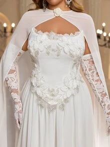 Elitara Plus Size Elegant Romantic Glamorous Sequin 3D Floral Applique Strapless Corset Cape Lace Long Sleeve 2 In 1 Ruched A-Line Wedding Gown For Events - White - View 2