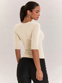 SHEIN BAE 女款柔軟舒適羊絨長袖上衣，適合日常外出、返校、通勤與辦公穿著 - 杏色 - 查看 2