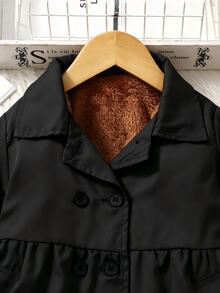 SHEIN Elladie kids 1件女孩冬季外套，卡其色，保暖內裡，雙排扣領，時尚夾克，適合日常休閒穿著 - 黑色 - 查看 3