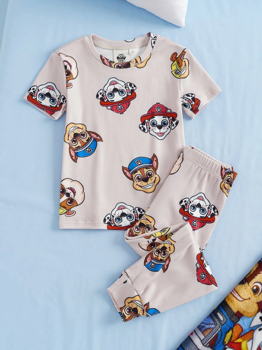 SHEIN | PAW Patrol 小男孩卡通印花短袖上衣與長褲休閒日常居家睡衣套裝 - 杏色 - 查看 1