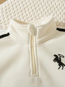 2件組男童秋冬抓絨內裡加厚休閒極簡小馬刺繡半拉鍊立領運動衫與運動長褲套裝，時尚且適合日常穿著、上學、外出等多種場合 - 彩色 - 查看 8