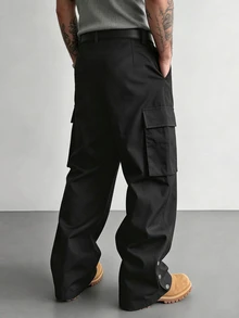 SLATEMANN Men's Black Rivet Design Long Pants, Multi-Pocket Cargo Pants, Casual Versatile Long Pants - Black - View 2