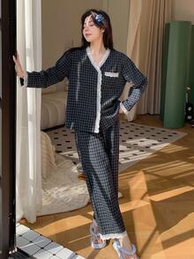 DAZY 2pcs Plaid Embroidered Pattern Pajama Set Fall - Navy Blue - View 5