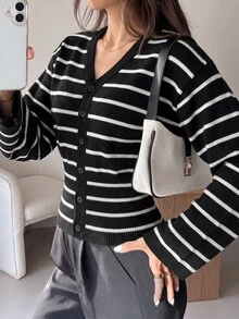 Firerie Damen Schwarz-Weiß gestreifter Langarm einreihiger lässiger französischer Strick-Cardigan Büro Brunch Herbst - Schwarz - Übersicht 4