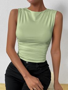Allurite Women's Solid Color Round Neck Ruched Fitted Casual Versatile Tank Top - Green - View 3