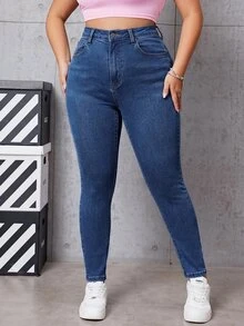 SHEIN EZwear 大尺碼女款休閒百搭日常牛仔褲，附口袋與鈕扣設計 - 霧霾藍 - 查看 4
