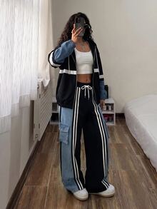 StreetHx Jaket Denim Kasual Serbaguna untuk Wanita dengan Resleting dan Desain Blok Warna, Cocok untuk Penggunaan Sehari-hari - MultiWarna - View 3