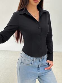 SHEIN PETITE 女款純色長袖單排扣休閒襯衫 - 深灰色 - 查看 4