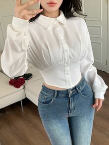 Feyla Women's Solid Color Drop Shoulder Long Sleeve Single-Breasted Waist-Cinching Blouse - White - View 6
